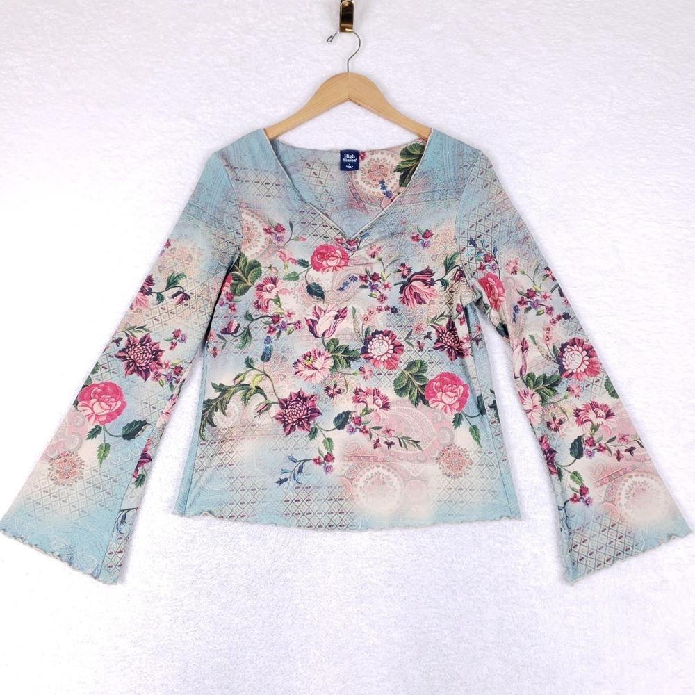 High Sierra Floral Bell Sleeve Y2K Top L Blue